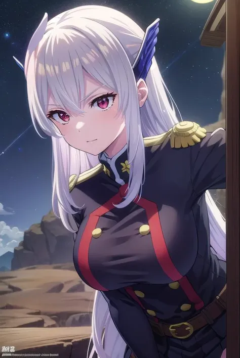 kyoukauzen, <lora:kyouka uzen s1-lora-nochekaiser:1>,
kyouka uzen, long hair, (red eyes:1.3), very long hair, white hair,
BREAK thighhighs, gloves, hat, boots, belt, sword, uniform, zettai ryouiki, military, military uniform, thigh boots, shako cap,
BREAK outdoors, space, starry sky, star \(sky\), moon,
BREAK looking at viewer, (cowboy shot:1.5),
BREAK <lyco:GoodHands-beta2:1>, (masterpiece:1.2), best quality, high resolution, unity 8k wallpaper, (illustration:0.8), (beautiful detailed eyes:1.6), extremely detailed face, perfect lighting, extremely detailed CG, (perfect hands, perfect anatomy),