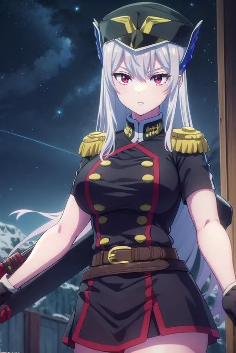 kyoukauzen, <lora:kyouka uzen s1-lora-nochekaiser:1>,
kyouka uzen, long hair, (red eyes:1.3), very long hair, white hair,
BREAK thighhighs, gloves, hat, boots, belt, sword, uniform, zettai ryouiki, military, military uniform, thigh boots, shako cap,
BREAK outdoors, space, starry sky, star \(sky\), moon,
BREAK looking at viewer, (cowboy shot:1.5),
BREAK <lyco:GoodHands-beta2:1>, (masterpiece:1.2), best quality, high resolution, unity 8k wallpaper, (illustration:0.8), (beautiful detailed eyes:1.6), extremely detailed face, perfect lighting, extremely detailed CG, (perfect hands, perfect anatomy),