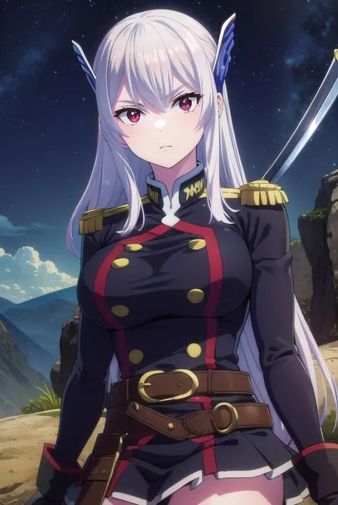 kyoukauzen, <lora:kyouka uzen s1-lora-nochekaiser:1>,
kyouka uzen, long hair, (red eyes:1.3), very long hair, white hair,
BREAK thighhighs, gloves, hat, boots, belt, sword, uniform, zettai ryouiki, military, military uniform, thigh boots, shako cap,
BREAK outdoors, space, starry sky, star \(sky\), moon,
BREAK looking at viewer, (cowboy shot:1.5),
BREAK <lyco:GoodHands-beta2:1>, (masterpiece:1.2), best quality, high resolution, unity 8k wallpaper, (illustration:0.8), (beautiful detailed eyes:1.6), extremely detailed face, perfect lighting, extremely detailed CG, (perfect hands, perfect anatomy),