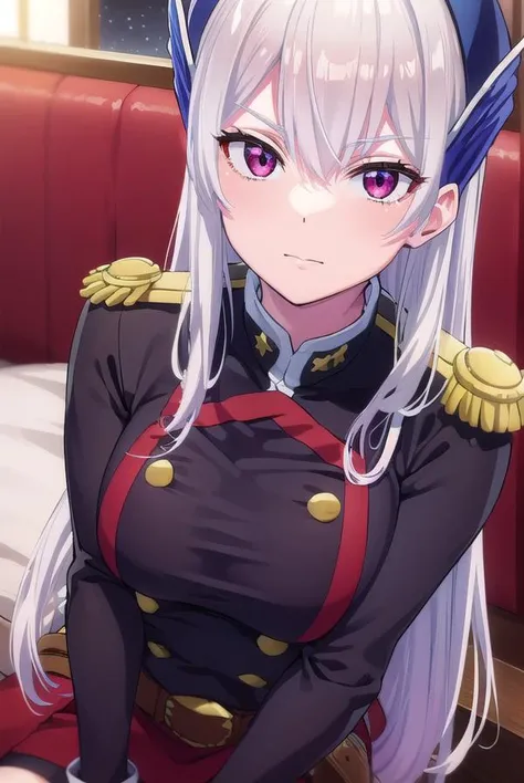 kyoukauzen, <lora:kyouka uzen s1-lora-nochekaiser:1>,
kyouka uzen, long hair, (red eyes:1.3), very long hair, white hair,
BREAK thighhighs, gloves, hat, boots, belt, sword, uniform, zettai ryouiki, military, military uniform, thigh boots, shako cap,
BREAK outdoors, space, starry sky, star \(sky\), moon,
BREAK looking at viewer, (cowboy shot:1.5),
BREAK <lyco:GoodHands-beta2:1>, (masterpiece:1.2), best quality, high resolution, unity 8k wallpaper, (illustration:0.8), (beautiful detailed eyes:1.6), extremely detailed face, perfect lighting, extremely detailed CG, (perfect hands, perfect anatomy),