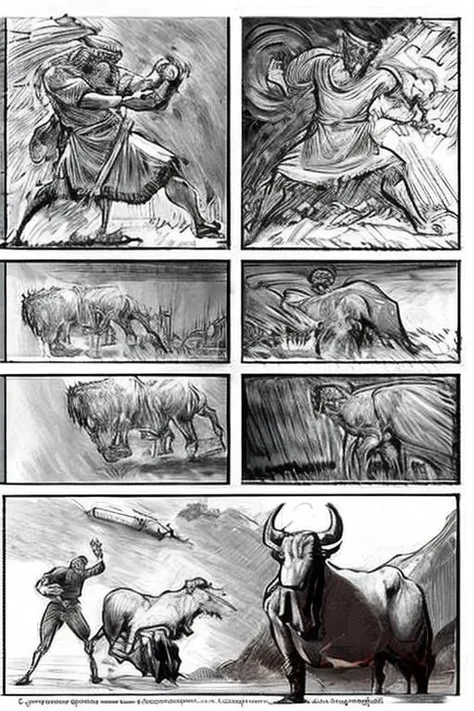 storyboard_style  of gilgamesh, 1man fighting with bull <lora:Gilgamesh:1> <lora:Storyboard:1>