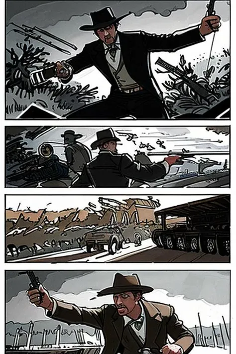 storyboard_style, the magnificent life of indiana, gunslingers action scene, traditional media <lora:Storyboard:1>