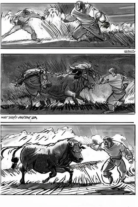 storyboard_style  of gilgamesh, 1man fight with bull <lora:Gilgamesh:1> <lora:Storyboard:1>