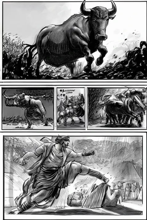 storyboard_style of gilgamesh, 1man fighting with bull <lora:Gilgamesh:0.7> <lora:Storyboard:1>