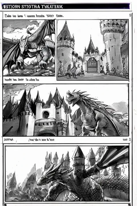 storyboard_style, dragon attack castle, traditional media <lora:Storyboard:1>