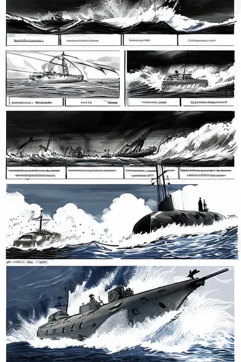storyboard_style, ww2 submarine under water battle <lora:Storyboard:1>