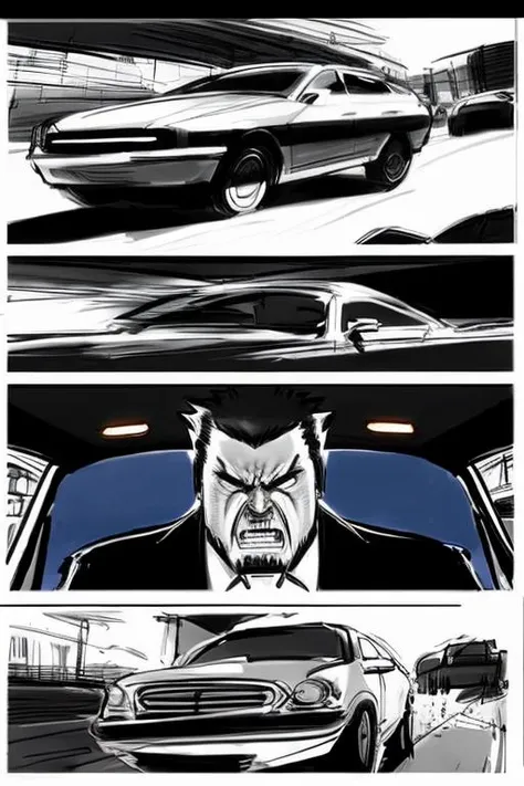 storyboard_style, 1man closeup angry face, inside car cabin, behind the wheel, street racing <lora:Storyboard:1>