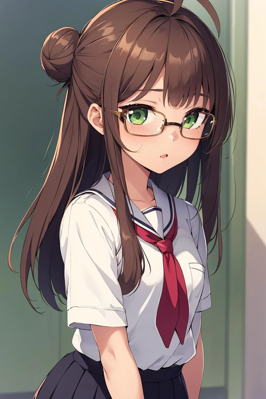 1girl, standing, upper body, glasses, pettite, long hair, bangs, brown hair, green eyes, small breasts, hair bun, ahoge, mole under eye, school uniform,