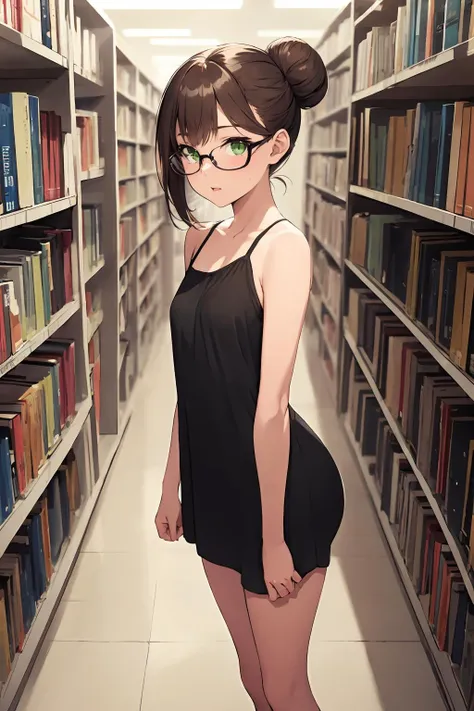 1girl, standing, library, glasses, pettite, long hair, bangs, brown hair, green eyes, small breasts, hair bun