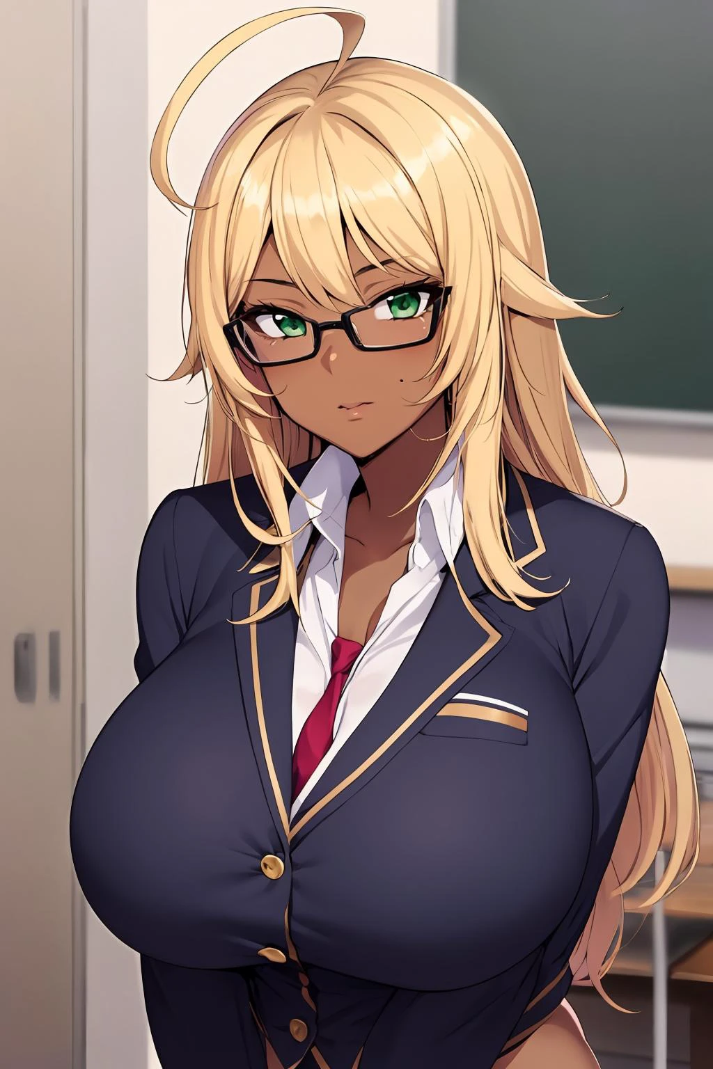 1girl, standing, upper body, glasses, gyaru, long hair, bangs, blonde hair, green eyes, huge breasts, ahoge, mole under eye, school uniform, dark skin, leopard panties,