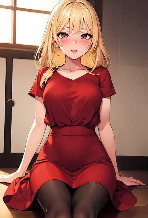 (masterpiece, best quality), 1girl, blonde hair, red dress, pantyhose, cute face, blush,