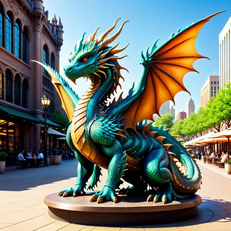 dragon style , Sculpture, City Plaza, Public Art Installation, The sculpture stands tall in the city plaza, its abstract form sparking conversation and contemplation among passersby. Nearby, pigeons gather, adding to the lively atmosphere,dragon style