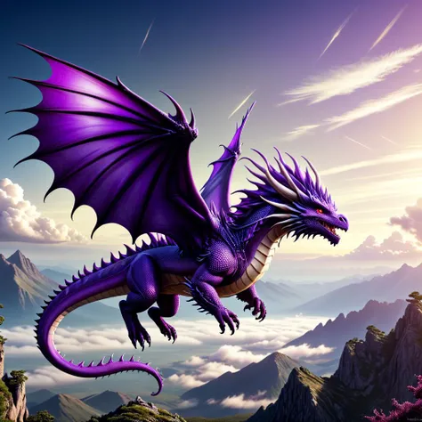 Spiky purple dragon soaring in the sky,Spiky purple dragon soaring in the sky
