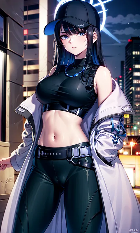 saori, (best quality), (masterpiece), detailed, (illustration), 1girl, long hair, navel, solo, breasts, midriff, hat, off shoulder, pants, crop top, sleeveless shirt, belt, sleeveless, black shirt, outdoors, baseball cap, blue eyes, black headwear, large breasts, halo, black pants, black hair, cowboy shot, bare shoulders, cityscape, black belt, underbust, standing, open clothes, coat, blue hair, night, white coat, very long hair, chest harness, closed mouth