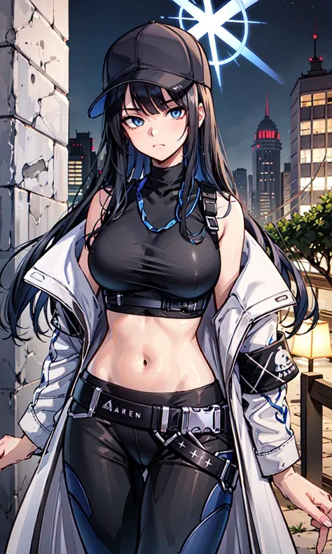 saori, (best quality), (masterpiece), detailed, (illustration), 1girl, long hair, navel, solo, breasts, midriff, hat, off shoulder, pants, crop top, sleeveless shirt, belt, sleeveless, black shirt, outdoors, baseball cap, blue eyes, black headwear, large breasts, halo, black pants, black hair, cowboy shot, bare shoulders, cityscape, black belt, underbust,  standing, open clothes, coat, blue hair, night, white coat, very long hair, chest harness, closed mouth
 <lora:saori-v1.0:1:MIDD>