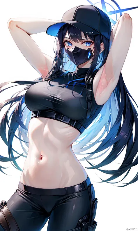 saori, (best quality), (masterpiece), detailed, (illustration),1girl, solo, long hair, navel, breasts, hat, blue eyes, mouth mask, armpits, mask, pants, baseball cap, black headwear, black gloves, arm up, stomach, crop top, sleeveless, halo, large breasts, black shirt, black mask, black pants, black hair, cowboy shot, bangs, looking at viewer, sleeveless shirt, blue hair, holster, bare shoulders, standing, white background, underbust, expressionless
