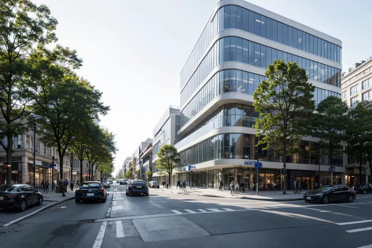 SYJZ,This is a picture of a city street with tall buildings, trees, cars and pedestrians. The building is made of glass and concrete, and its colors are white and gray. The trees are green and the cars are white. In the picture is a large billboard with a colorful pattern on it. The street is lined with shops and restaurants, as well as some street lights and road signs., watermark