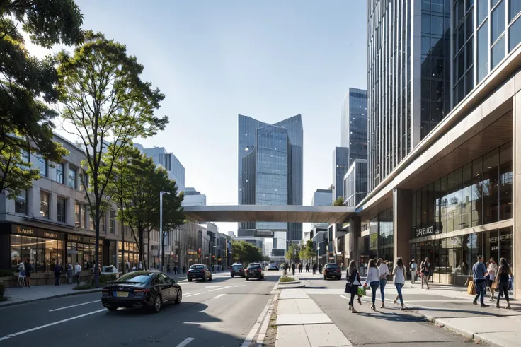 SYJZ,This is a picture of a city street with tall buildings, trees, cars and pedestrians. The building is made of glass and concrete, and its colors are white and gray. The trees are green and the cars are white. In the picture is a large billboard with a colorful pattern on it. The street is lined with shops and restaurants, as well as some street lights and road signs., watermark