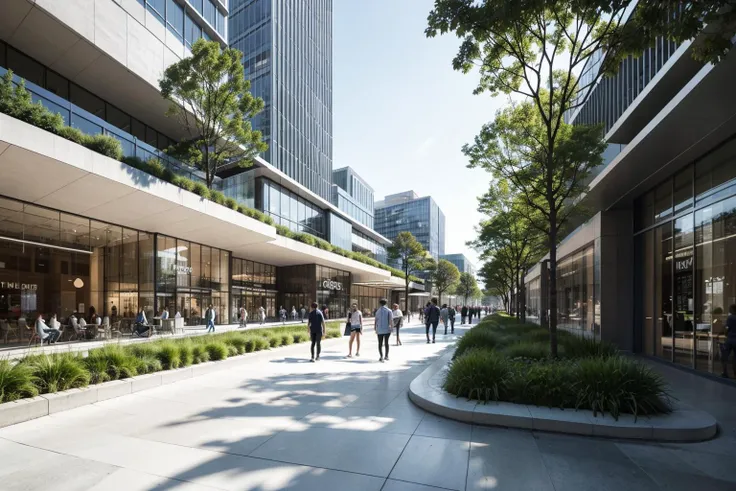 SYJZ,This is a picture of architectural design. There is a modern building in the picture. The exterior design of the building is composed of multiple curves,the color of the curves is white,and the material of the curves is metal. There are some shops under the building. The exterior design of the shops is glass,and the color of the shops is dark green. There are some trees around the building. The color of the trees is green. The background of the building is some tall buildings,and the color of the tall buildings is gray,watermark,