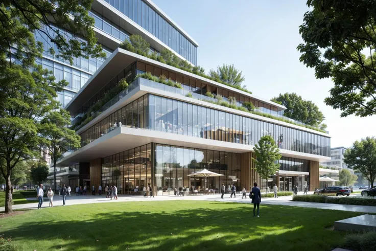 SYJZ,This is a picture of a modern building. There are several tall buildings in the picture,which are made of glass and steel,showing a modern design style. Downstairs is the commercial district with lots of shops and restaurants. It is surrounded by green trees and lawns to create a comfortable environment. The whole building complex reflects the modern,simple and fashionable design concept.,