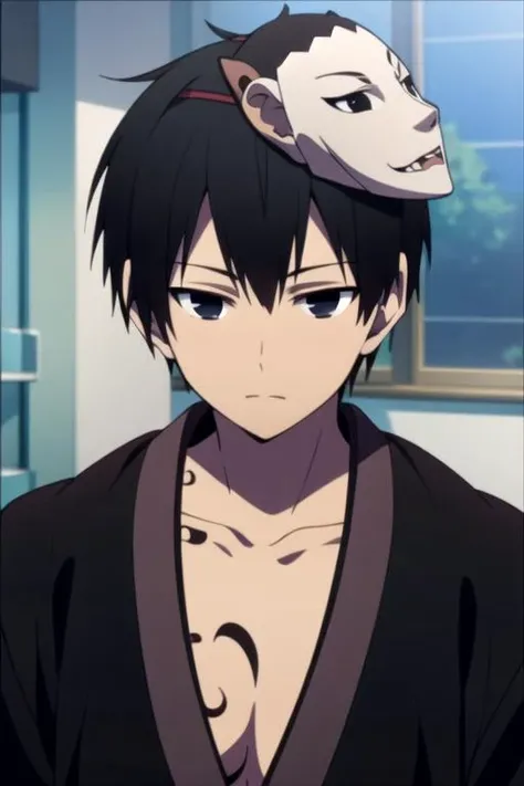 masterpiece, best quality, movie still, 1boy, solo, male focus, looking at viewer, , , anime coloring, realistic, kaikoku_onigasaki, black hair, black eyes, mask on head, , fantasy,