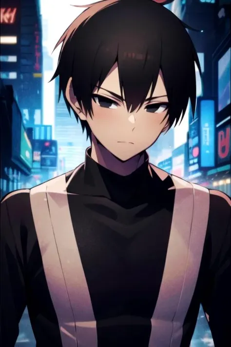 masterpiece, best quality, wallpaper, 1boy, solo, male focus, looking at viewer, upper body, , , realistic, <lora:kaikoku_onigasaki:0.74>, kaikoku_onigasaki, black hair, black eyes, , convict costume, cyberpunk,