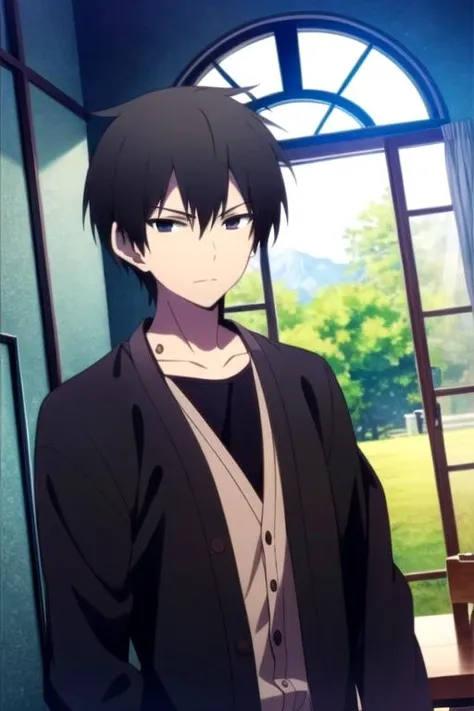 masterpiece, best quality, game cg, 1boy, solo, male focus, looking at viewer, upper body, , anime coloring, , <lora:kaikoku_onigasaki:0.68>, kaikoku_onigasaki, black hair, black eyes, , cardigan, , The Vale of Shadows: A dark and foreboding valley where no sunlight ever penetrates,
