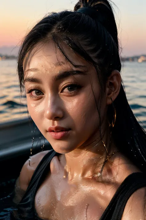 RAW, real photo portrait, songAr1 , on a boat, (wearing a wet black t-shirt), pretty face, insanely detailed eyes, light blonde hair, high ponytail, bokeh, natural light, depth of field, golden hour, sharp focus,<lora:add_detail:0.8>