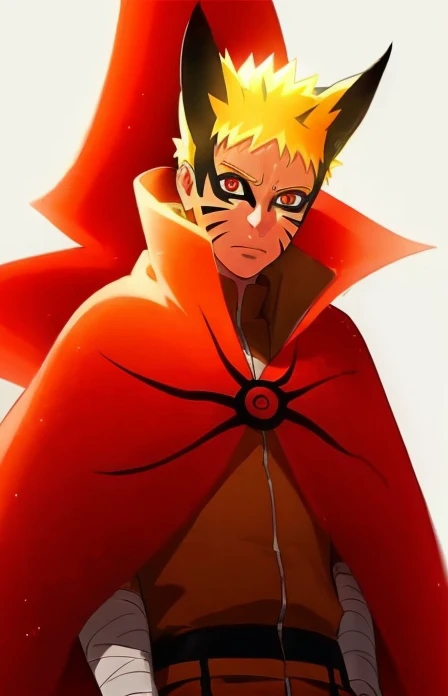 1boy, naruto_baryon, Evil, hand_bandages, face_markings, whole_body, white_background, simple_background, red orange outfit, glow, cape, solo, standing, <lora:Baryon Mode Naruto:0.8>, <lora:add_detail:0.5>,
