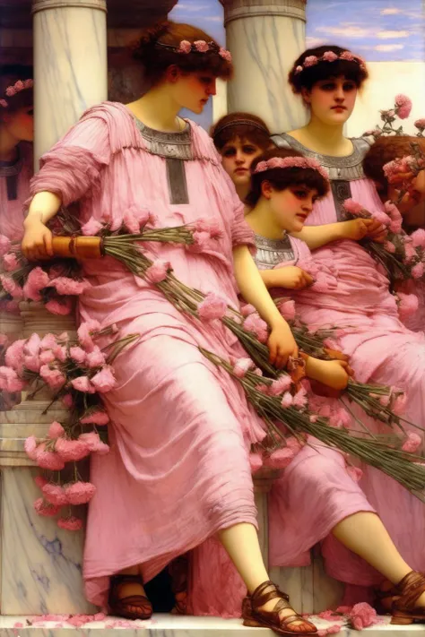 <lora:Lawrence Alma Tadema Style:1>Lawrence Alma Tadema Style - alma tadema team Triumph Girls flowers drama scene pink tones