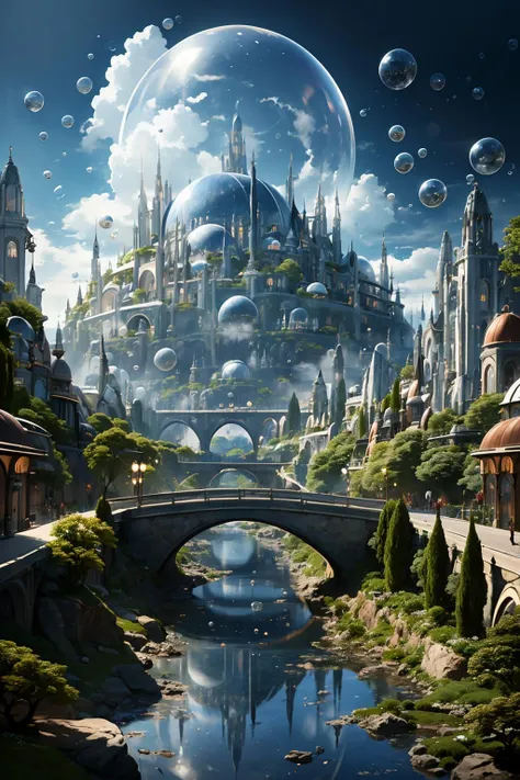 BJ_City_of_Wisdom, outdoors, sky, day, cloud, water, tree, blue_sky, no_humans, building, scenery, bubble, city, fantasy, bridge, waterfall,
cinematic lighting,strong contrast,high level of detail,Best quality,masterpiece,White background,<lora:City_of_Wisdom:0.7>,