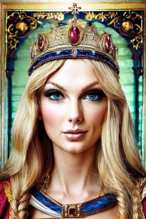 orthoicon,1 adult woman, Taylor Swift , figrne,on a base,  
robe, dress, tiara, jewelry, book, fine art parody
eyedirection, eyes, 
portrait, dramatic and majestic lighting, 
8k, whimsical