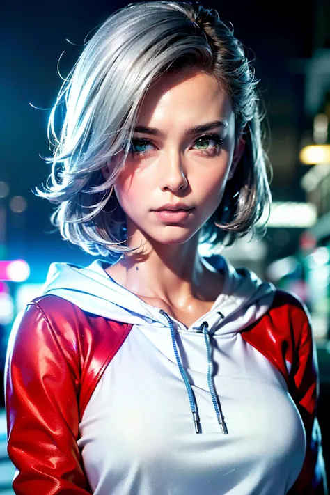 <lyco:tiza001:0.7>, tiza, girl, slender, <lyco:eyedirectionV1.8:0.3>, eyedirection, (sharp green eyes, short silver hair:1.5), (hands on waist, red hoodie, blue jeans, white sneakers:1.4), (cyberpunk, neon lights, city street, night:1.3), (solo, from chest:1.2), (best quality, high quality:1.1), ultra realistic 8k cg, cinematic lighting, cinematic bloom, <lora:fix_good_hands:1>, good_hyperstylize