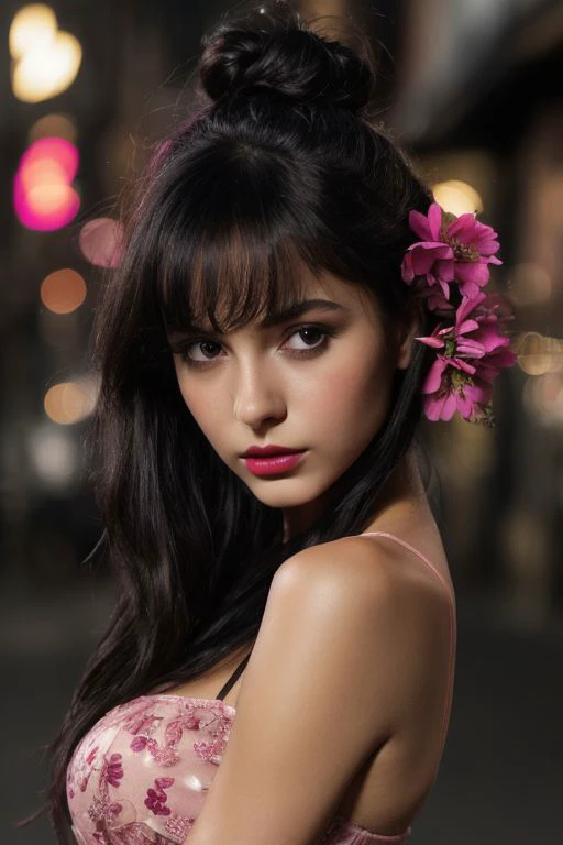 Latina female, Mexican, real, woman, soft, young, cute, innocent, relaxing, solo, long face, thin, thin body, skinny, realistic hands, petite, sagging breasts, saggy breasts, drooping breasts, c-cup breasts, brown eyes, eyes focusing, posing, pose, blushing, make-up, blushing, (dark-pink lipstick,) flowers in hair, black hair, dark hair, medium hair in bun, wearing long dress, wearing blouse, silk dress, in frame, looking at camera, focused, close, close up, cyberpunk details, model, out-doors, night time,