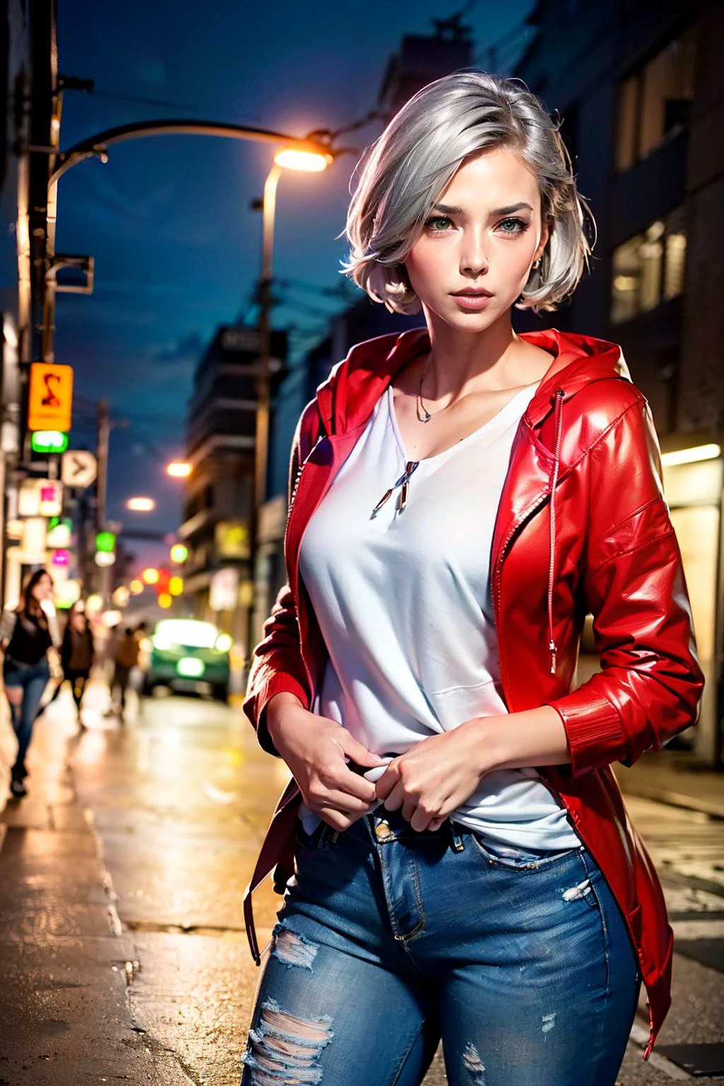 <lyco:tiza001:0.7>, tiza, girl, slender, <lyco:eyedirectionV1.8:0.3>, eyedirection, (sharp green eyes, short silver hair:1.5), (hands on waist, red hoodie, blue jeans, white sneakers:1.4), (cyberpunk, neon lights, city street, night:1.3), (solo, from thighs:1.2), (best quality, high quality:1.1), ultra realistic 8k cg, cinematic lighting, cinematic bloom, <lora:fix_good_hands:1>, good_hyperstylize