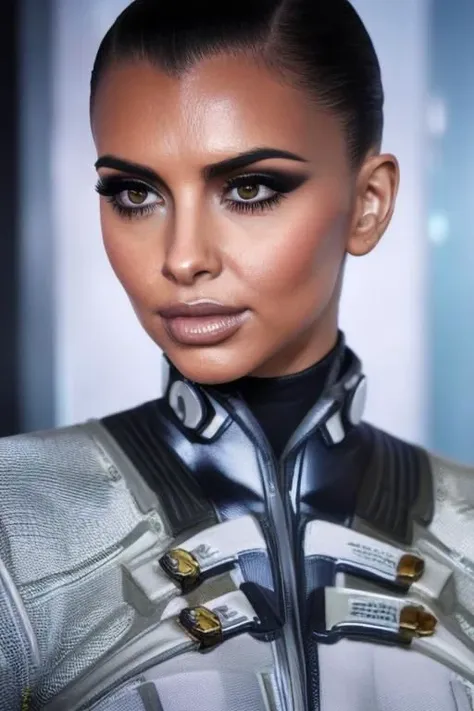 1 adult woman , CyberTBug, with face of Kim kardashian,
eyedirection, eyes, 
detailed garments, female focus, aesthetic composition, 8k,