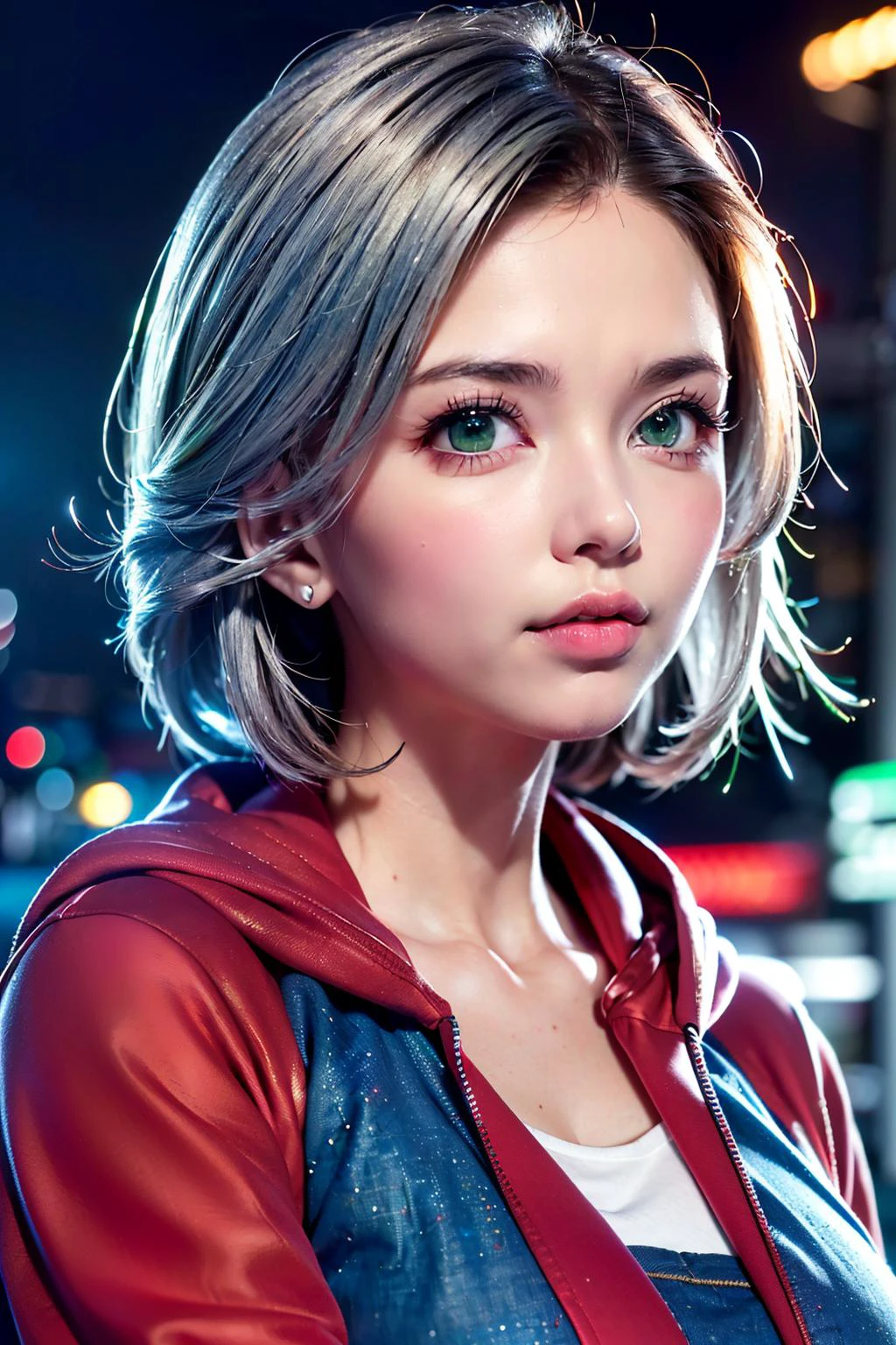 <lyco:tiza001:0.7>, tiza, girl, slender, <lyco:eyedirectionV1.8:0.3>, eyedirection, (sharp green eyes, short silver hair:1.5), (hands on waist, red hoodie, blue jeans, white sneakers:1.4), (cyberpunk, neon lights, city street, night:1.3), (solo, from chest:1.2), (best quality, high quality:1.1), ultra realistic 8k cg, cinematic lighting, cinematic bloom, <lora:fix_good_hands:1>, good_hyperstylize