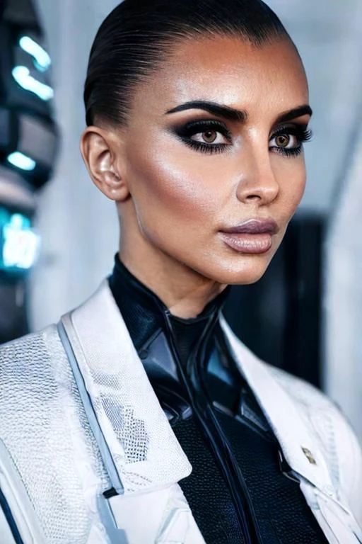 1 adult woman , CyberTBug, with face of Kim kardashian,upper body, eyedirection, eyes,
detailed garments, female focus, aesthetic composition, 8k,