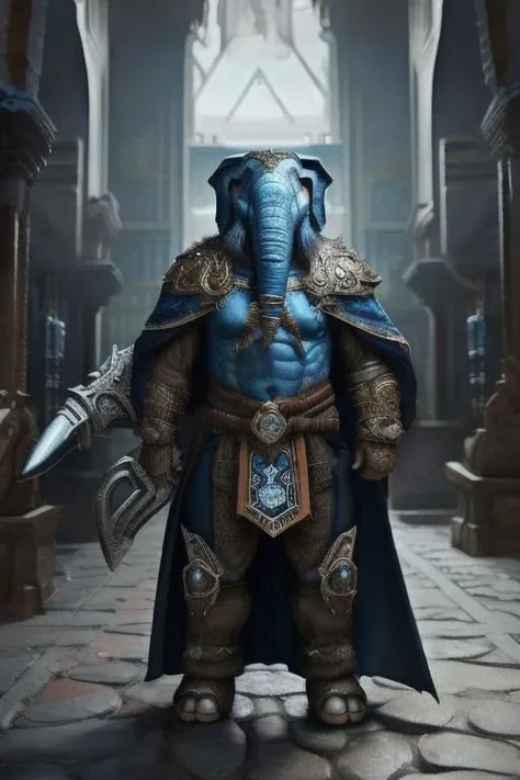 1 adult (loxodon), armor, blue skin,cape,
(holding axe | holding staff | holding sword), necklace,pauldrons, pouch, red eyes,
standing, wide sleeves,
full body, ,figrne, on a base
high key lighting, eyedirection, eyes,
backdrop is a interior of a small cabin, lots of sunrays and light from outside,
solo focus, high quality skin texture, detailed clothing, whimsical composition, 8k