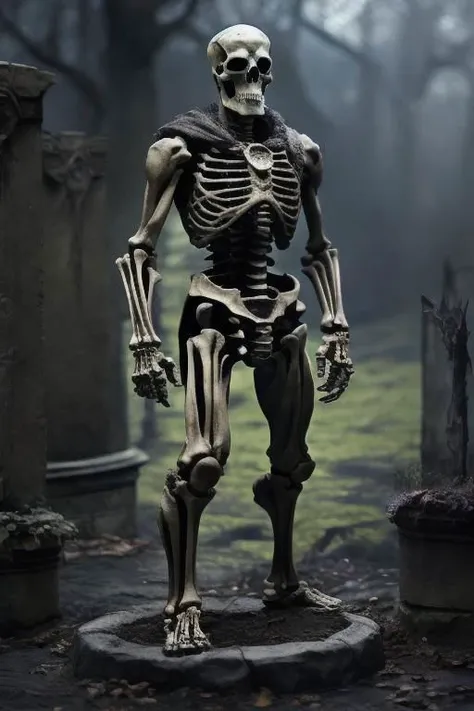 1 skeleton warrior, full body, ,figrne, on a base
full body, high key lighting, eyedirection, eyes,
backdrop is a middle of cemetery, midnight natural lighting,
solo focus, high quality skin texture, detailed clothing, whimsical composition, 8k