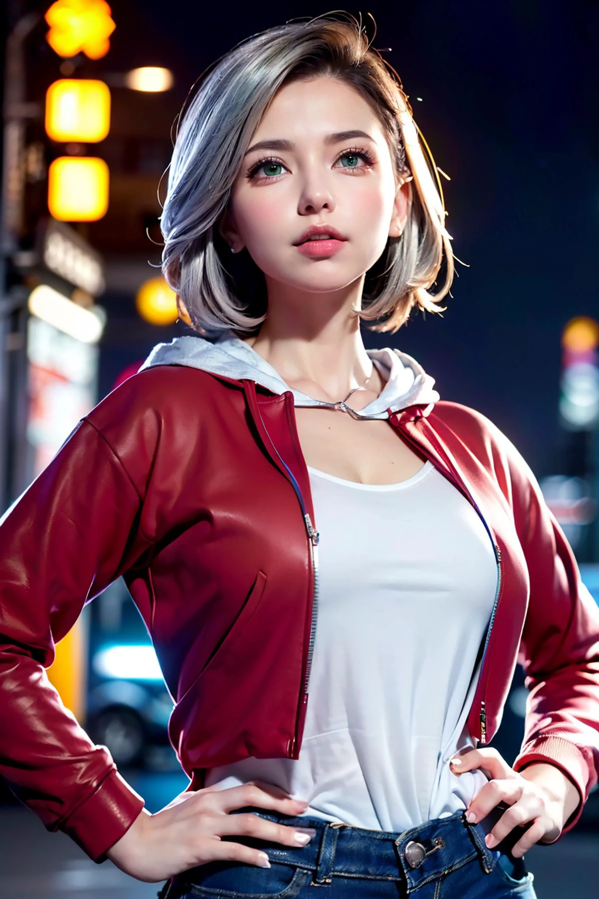 <lyco:tiza001:0.7>, tiza, girl, slender, <lyco:eyedirectionV1.8:0.3>, eyedirection, (sharp green eyes, short silver hair:1.5), (hands on hips, red hoodie, blue jeans, white sneakers:1.4), (cyberpunk, neon lights, city street, night:1.3), (portrait, from chest:1.2), (best quality, high quality:1.1), ultra realistic 8k cg, cinematic lighting, cinematic bloom, <lora:fix_good_hands:1>, good_hyperstylize