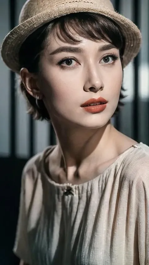 1girl, fine - art photography, soft portrait shot 8k, mid length, ultHighly detailed, rarealistic uhd full body, unsplash, intricate,  centered symmetrical composition, stunning photos, masterpiece, grainy, centered composition, (sharp face:1.2),Hepburn, elegant, hat,  fence, realistic, looking at viewer, black hair, brown eyes, blurry, short hair, brown hair, parted lips, leaning forward, lips, upper body, bangs,<lora:Hepburn-000006:0.6>,<lora:add_detail:0.4>,