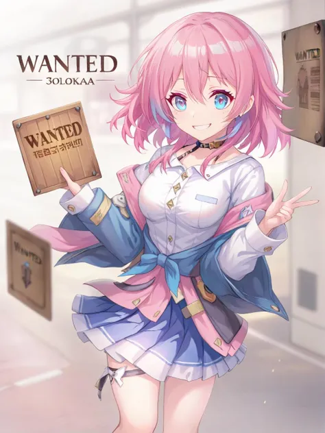 (masterpiece, best quality:1.2), holding a sign text:("wanted"), (nanoka3:1.4), 1girl, solo, mugshot, pink hair, white shirt, (blue skirt, jacket:1.2), smile, medium hair, pink eyes, <lora:Nanoka3XL_v010-000025:0.8>