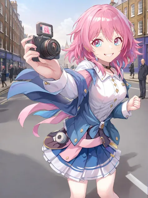(masterpiece, best quality:1.2), (nanoka3:1.4), 1girl, solo, mugshot, pink hair, white shirt, (blue skirt, jacket:1.2), medium hair, pink eyes, <lora:Nanoka3XL_v010:0.8>, smile, (holding camera:1.4), london city,