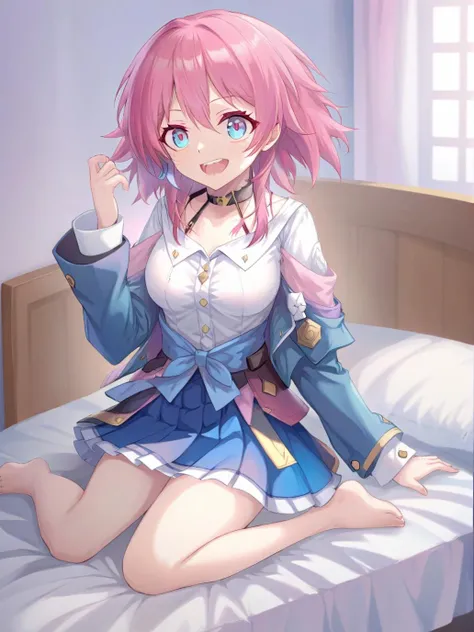 (masterpiece, best quality:1.2), (nanoka3:1.4), 1girl, solo, mugshot, pink hair, white shirt, (blue skirt, jacket:1.2), medium hair, pink eyes, <lora:Nanoka3XL_v010:0.8>, evil grin, (sitting on bed:1.4),