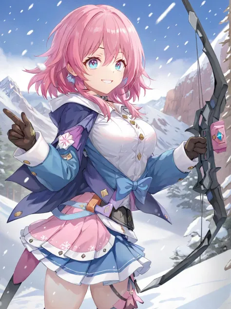 (masterpiece, best quality:1.2), (nanoka3:1.4), 1girl, solo, mugshot, pink hair, white shirt, (blue skirt, jacket:1.2), medium hair, pink eyes, <lora:Nanoka3XL_v010:0.8>, smile, single glove, holding bow (weapon), snow, snowy mountain, (serious:1.4),