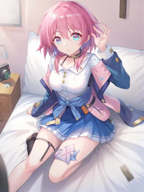 (masterpiece, best quality:1.2), (nanoka3:1.4), 1girl, solo, mugshot, pink hair, white shirt, (blue skirt, jacket:1.2), medium hair, pink eyes, <lora:Nanoka3XL_v010:0.8>, guilt, (sitting on bed:1.4),