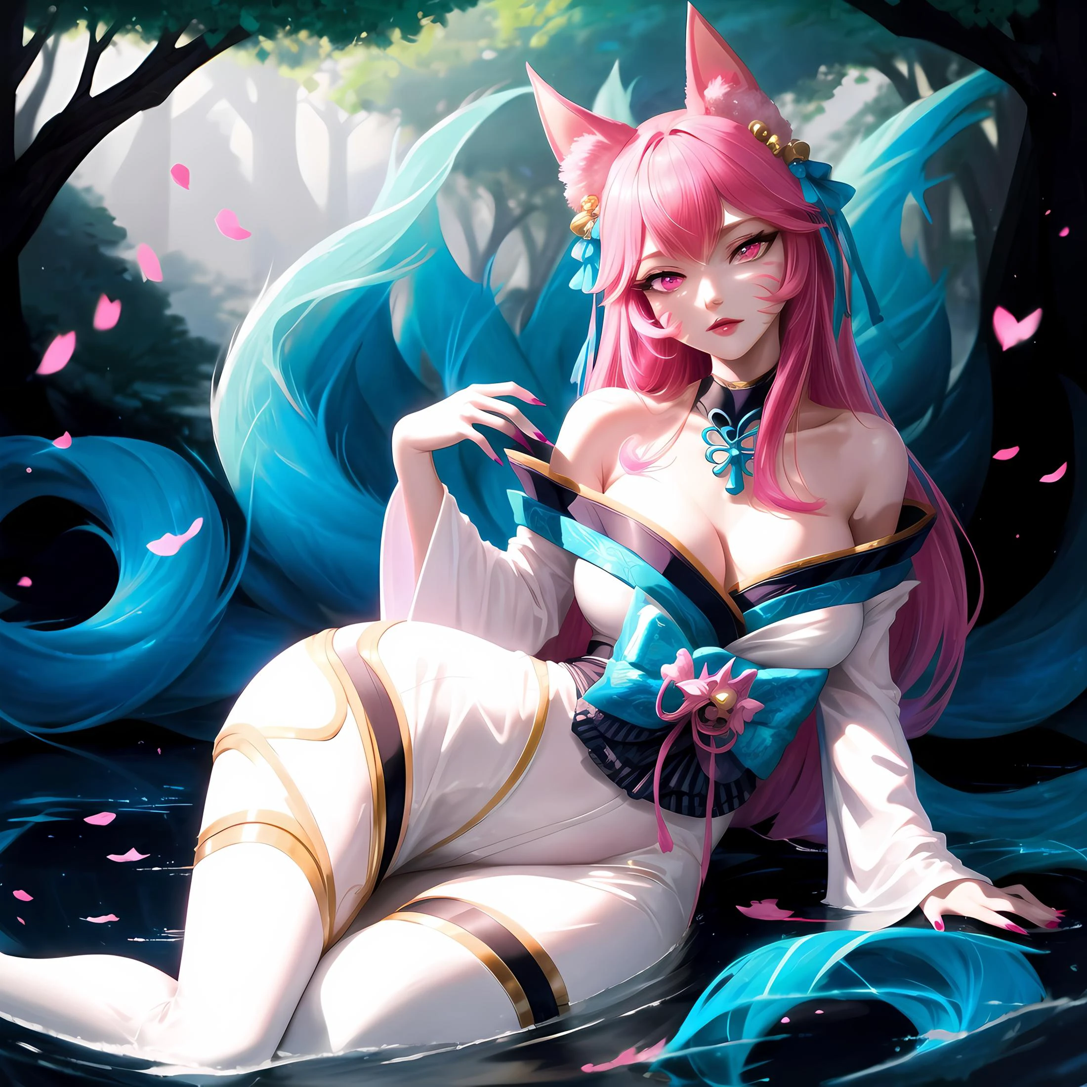 Ahri,spirit blossom \(league of legends\), Big boobs, cleavage,Push up,nine tails,white thigh high ,detailed eyes, (((pink eyes))),pink nails,heart over hand,pink eyeshadow,pink lips,sharp fingernails,Anime, Waifu, SFW, stting in magical forest,on side, crossed leg, Japanese cherry tree, masterpiece, best quality, intricate, detailed, sharp, focused <lora:hairdetailer:0.7> <lora:w<w[S:0.7> <lora:ahri Spirit blossom:1.0>