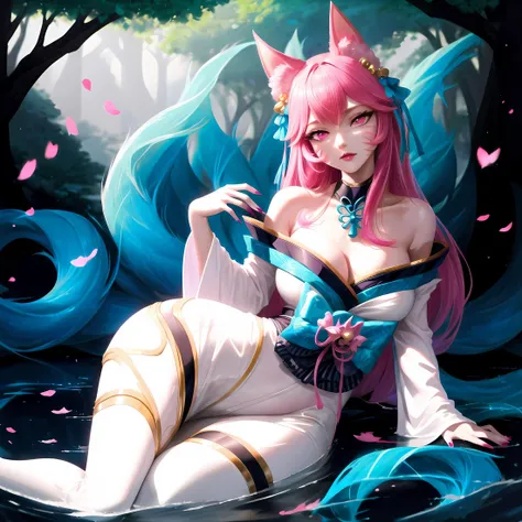 Ahri,spirit blossom \(league of legends\), Big boobs, cleavage,Push up,nine tails,white thigh high ,detailed eyes, (((pink eyes))),pink nails,heart over hand,pink eyeshadow,pink lips,sharp fingernails,Anime, Waifu, SFW, stting in magical forest,on side, crossed leg, Japanese cherry tree, masterpiece, best quality, intricate, detailed, sharp, focused  <lora:hairdetailer:0.7> <lora:w<w[S:0.7> <lora:ahri Spirit blossom:1.0>