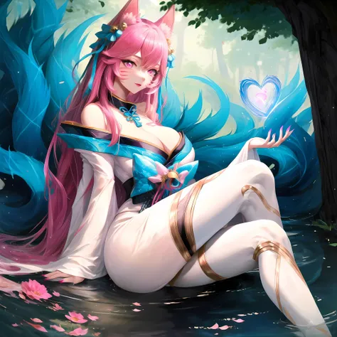 Ahri,spirit blossom \(league of legends\), Big boobs, cleavage,Push up,nine tails,white thigh high ,detailed eyes, (((pink eyes))),pink nails,((heart))) ,pink eyeshadow,pink lips,sharp fingernails,Anime, Waifu, SFW, stting in magical forest,on side, crossed leg, Japanese cherry tree, masterpiece, best quality, intricate, detailed, sharp, focused  <lora:hairdetailer:0.7> <lora:w<w[S:0.7> <lora:ahri Spirit blossom:1.0>